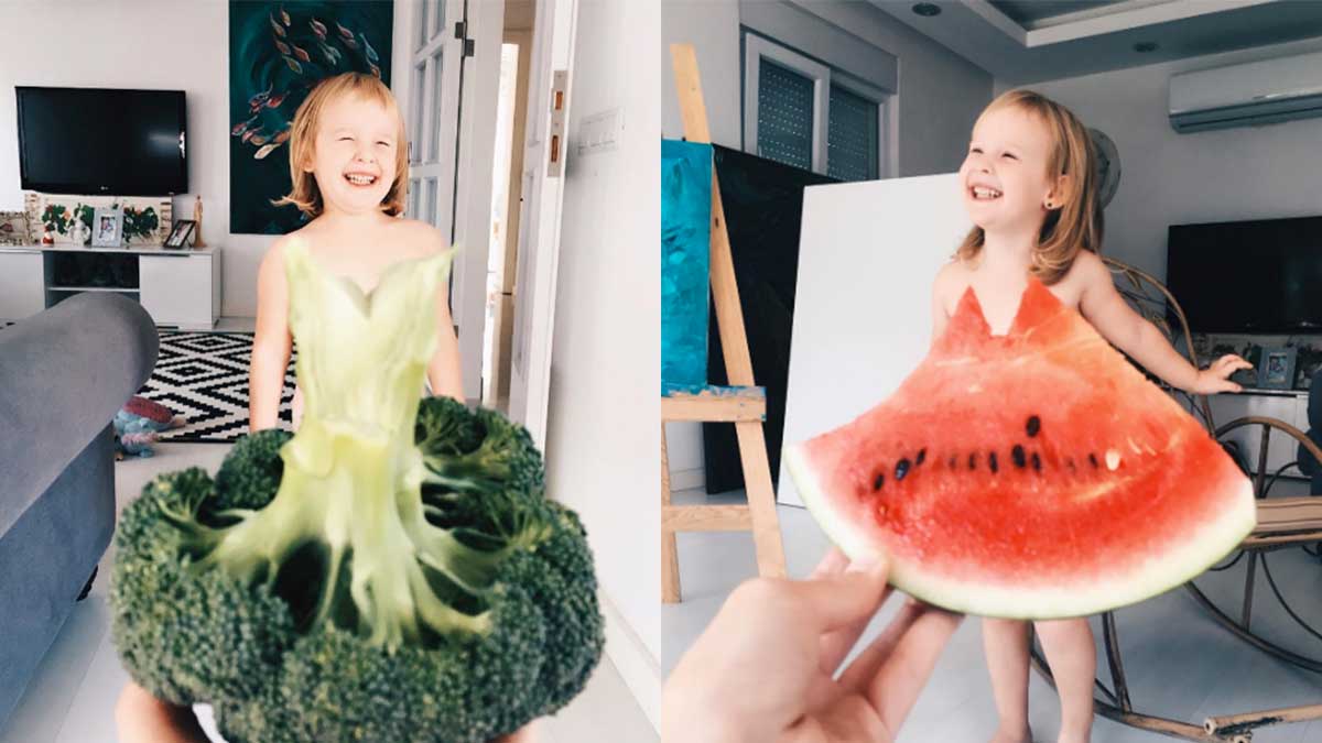 Alya Chaglar Poses Daughter Stefani Wearing Fruit Veggies 